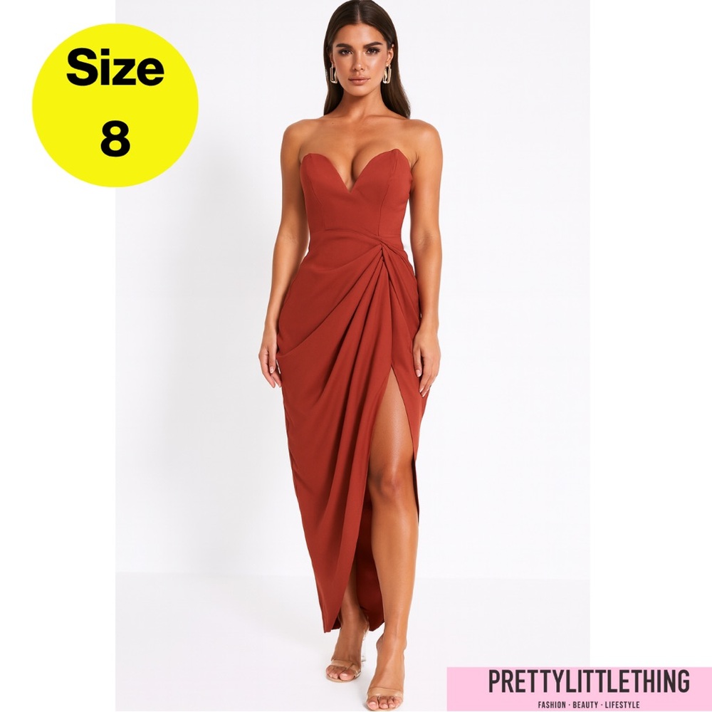 2/for $20 🪩 PRETTYLITTLETHING Strapless Terracotta Ruched Midi Dress (Size 8)